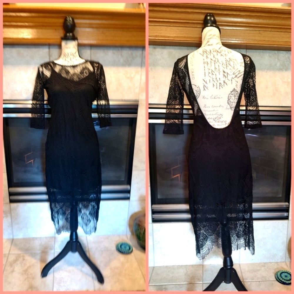 Gracie Large Black Lace Backless Long Sleeve Dress!